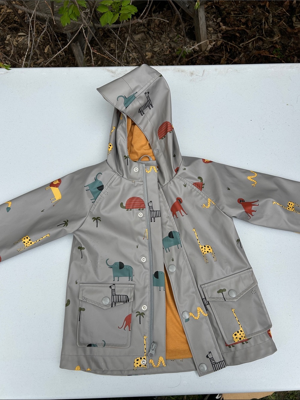 Little Earth Kids Gray Animal Print Raincoat with Mustard Lining